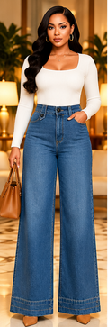 Blue Avenue Button-Tab Wide-Leg Jeans