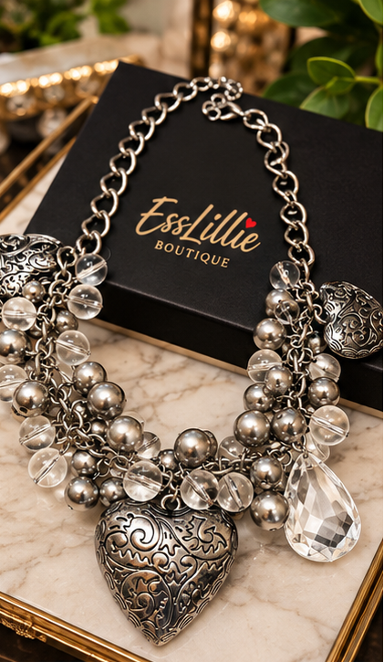 Silver Romance Heart & Crystal-Look Statement Necklace