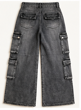 Urban Slate Multi-Pocket Wide-Leg Cargo Jeans