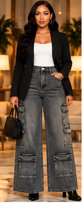 Urban Slate Multi-Pocket Wide-Leg Cargo Jeans