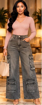 Urban Slate Multi-Pocket Wide-Leg Cargo Jeans