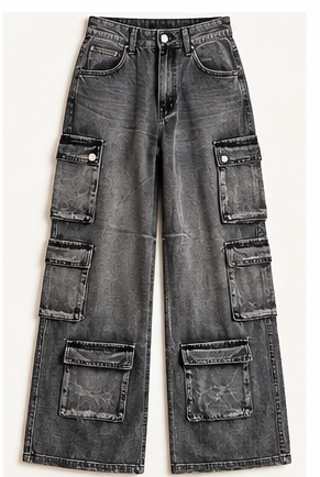 Urban Slate Multi-Pocket Wide-Leg Cargo Jeans