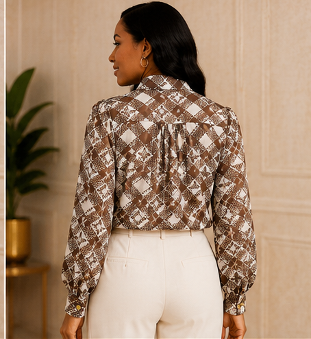 Mocha Plaid Tie-Neck Blouse