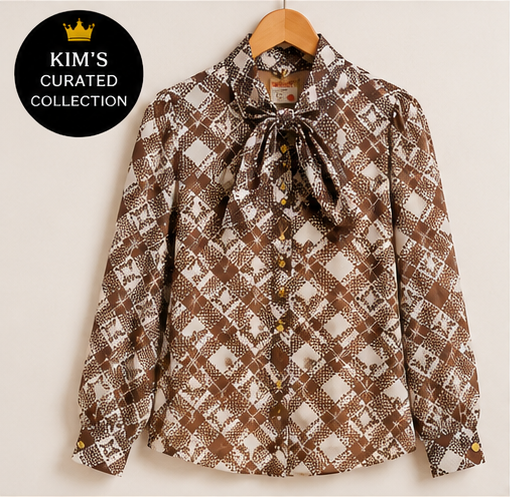Mocha Plaid Tie-Neck Blouse