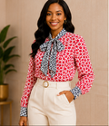 Cherry Blossom Contrast Tie-Neck Blouse