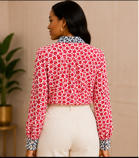 Cherry Blossom Contrast Tie-Neck Blouse