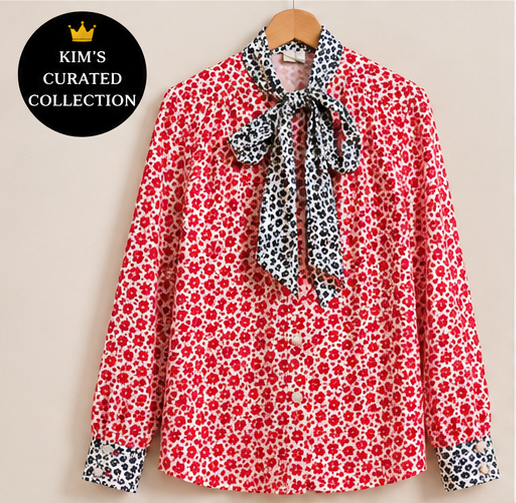 Cherry Blossom Contrast Tie-Neck Blouse