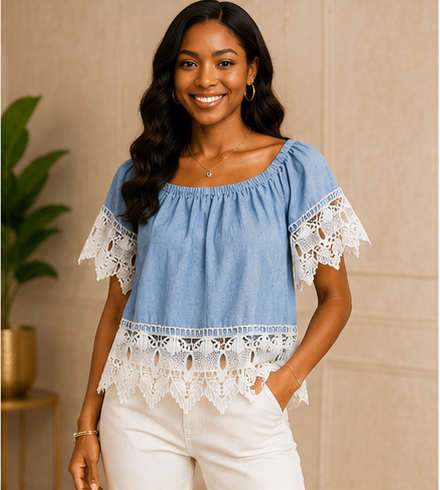 Sky Blue Lace Trim Peasant Top