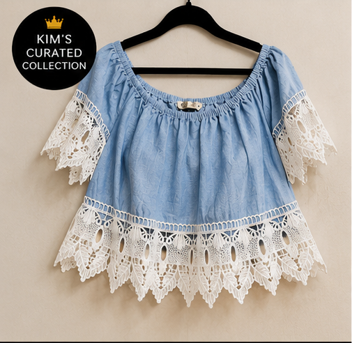 Sky Blue Lace Trim Peasant Top