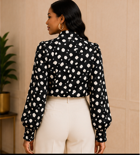 Midnight Dot Tie-Neck Blouse