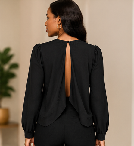 Black Open-Back Long Sleeve Blouse