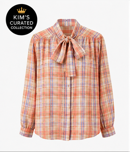 Peach Plaid Tie-Neck Blouse