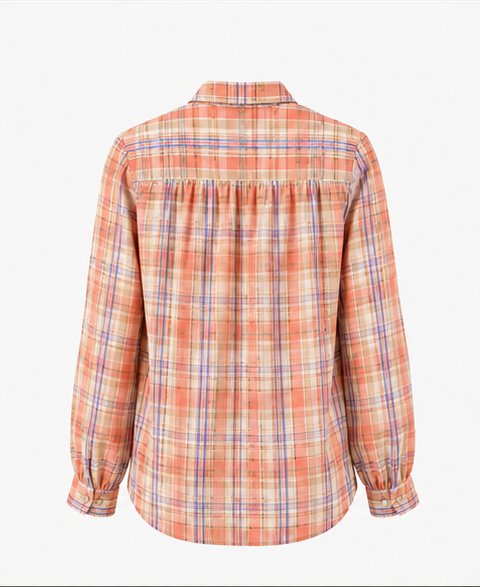 Peach Plaid Tie-Neck Blouse