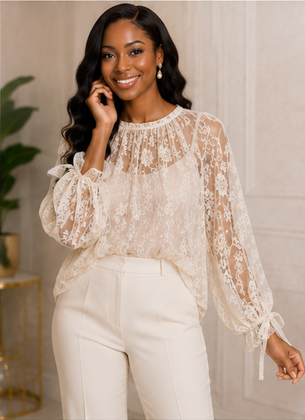 Romantic Ivory Sheer Lace Blouse