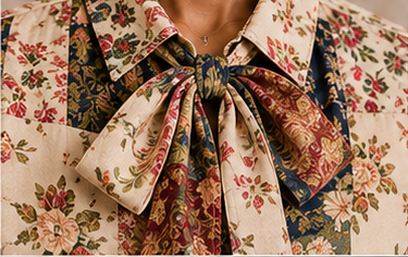 Vintage Garden Patchwork Tie-Neck Blouse