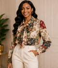 Vintage Garden Patchwork Tie-Neck Blouse