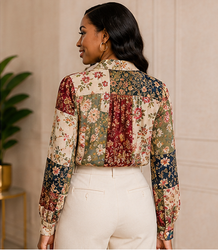 Vintage Garden Patchwork Tie-Neck Blouse