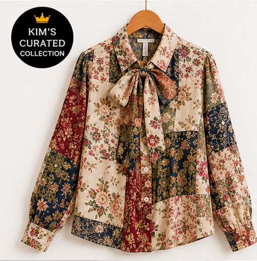 Vintage Garden Patchwork Tie-Neck Blouse