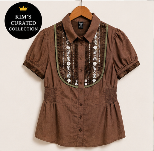 Mocha Embroidered Puff Sleeve Blouse