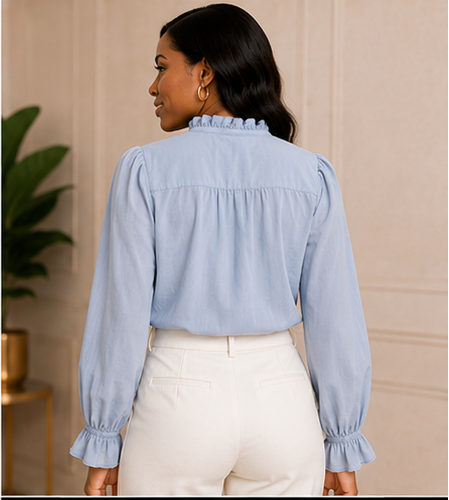 Soft Blue Pintuck Ruffle Blouse