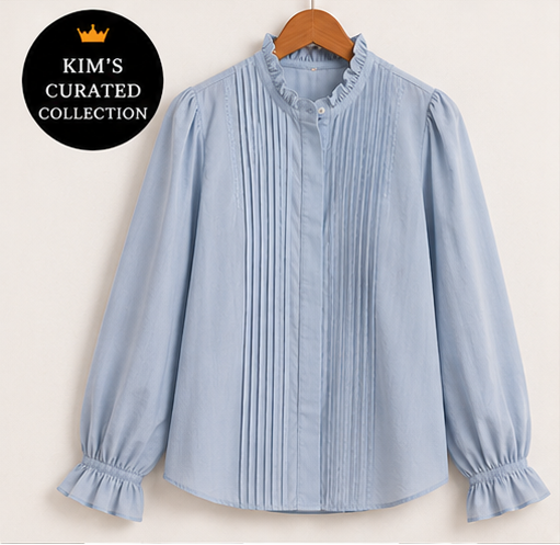 Soft Blue Pintuck Ruffle Blouse