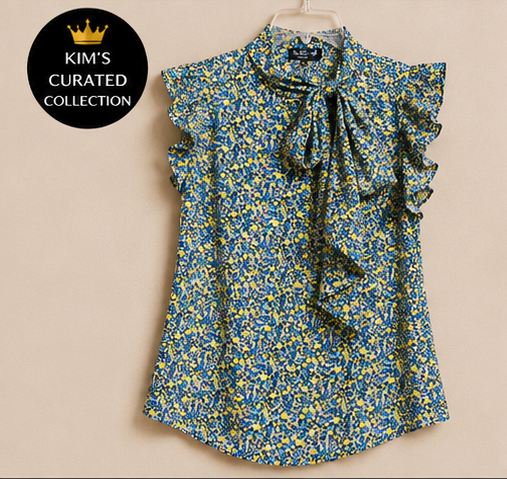 Ivy Chic Blue Meadow Tie-Neck Flutter Sleeve Blouse