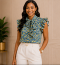 Ivy Chic Blue Meadow Tie-Neck Flutter Sleeve Blouse