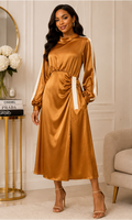 Caramel Satin Ruched Midi Dress with Contrast Sleeve Detail