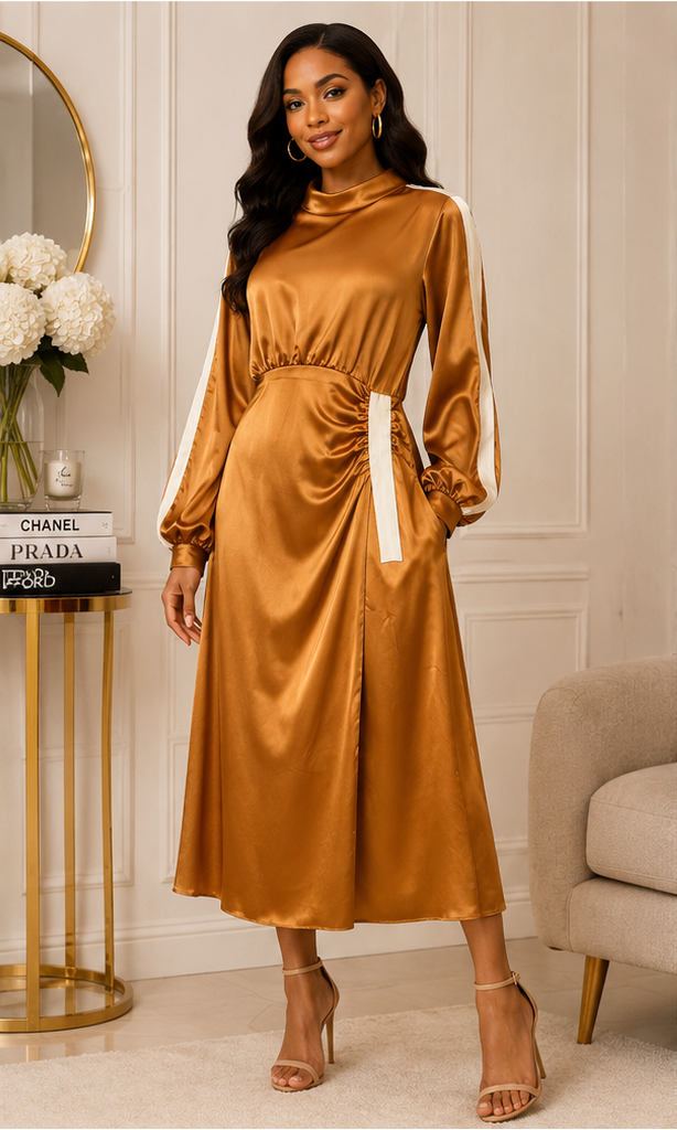 Caramel Satin Ruched Midi Dress with Contrast Sleeve Detail