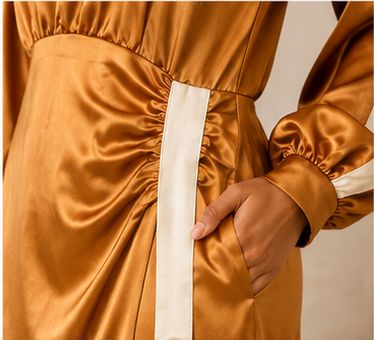 Caramel Satin Ruched Midi Dress with Contrast Sleeve Detail