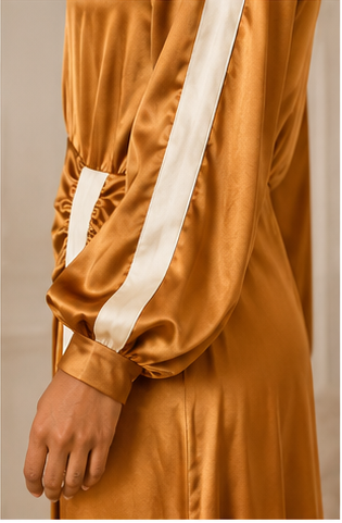 Caramel Satin Ruched Midi Dress with Contrast Sleeve Detail
