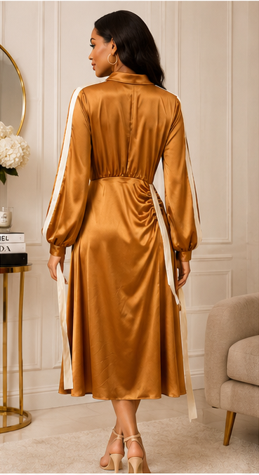 Caramel Satin Ruched Midi Dress with Contrast Sleeve Detail