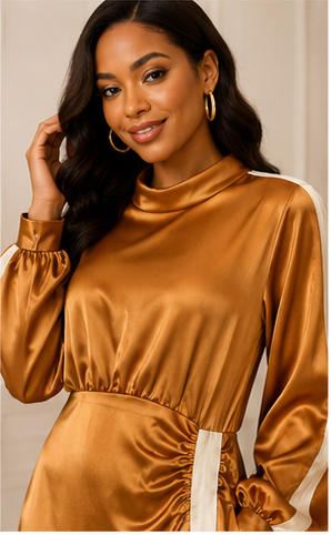 Caramel Satin Ruched Midi Dress with Contrast Sleeve Detail