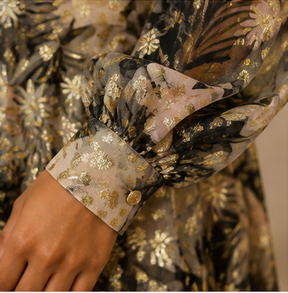 Golden Bloom Metallic Floral Tie-Neck Dress