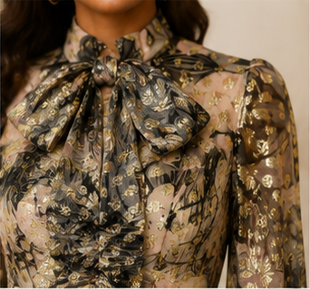 Golden Bloom Metallic Floral Tie-Neck Dress