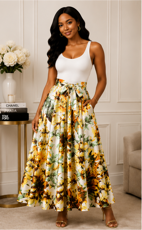Golden Garden Satin Tie-Waist Maxi Skirt