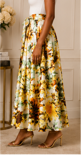 Golden Garden Satin Tie-Waist Maxi Skirt