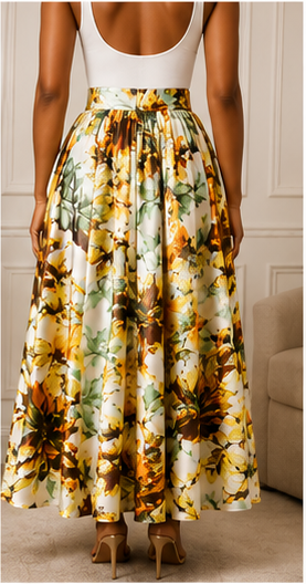 Golden Garden Satin Tie-Waist Maxi Skirt