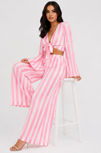 Pink Stripe Tie-Front Two-Piece Set