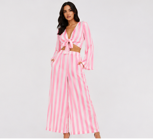 Pink Stripe Tie-Front Two-Piece Set