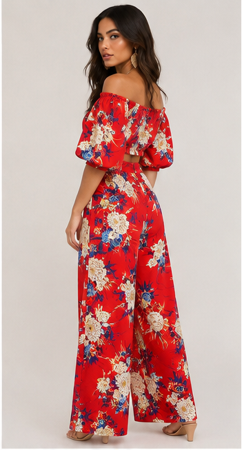 Red Floral Off-the-Shoulder Two-Piece Set