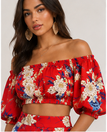 Red Floral Off-the-Shoulder Two-Piece Set