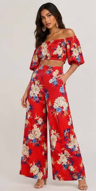 Red Floral Off-the-Shoulder Two-Piece Set