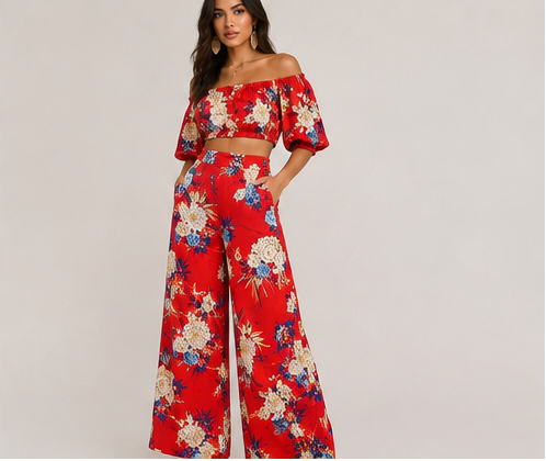 Red Floral Off-the-Shoulder Two-Piece Set