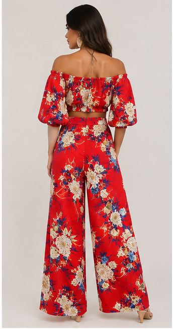 Red Floral Off-the-Shoulder Two-Piece Set
