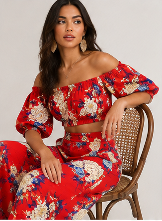 Red Floral Off-the-Shoulder Two-Piece Set