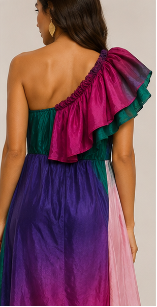 Chilli Couture Multicolor Silk One-Shoulder Ruffle Midi Dress