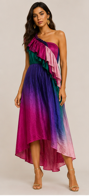 Chilli Couture Multicolor Silk One-Shoulder Ruffle Midi Dress