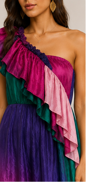 Chilli Couture Multicolor Silk One-Shoulder Ruffle Midi Dress