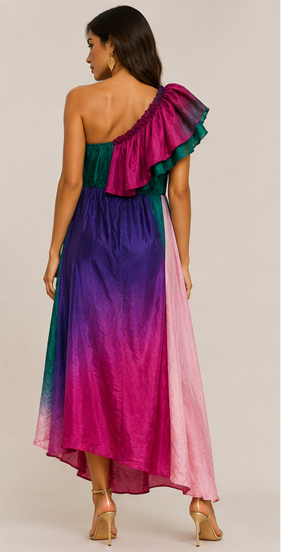 Chilli Couture Multicolor Silk One-Shoulder Ruffle Midi Dress